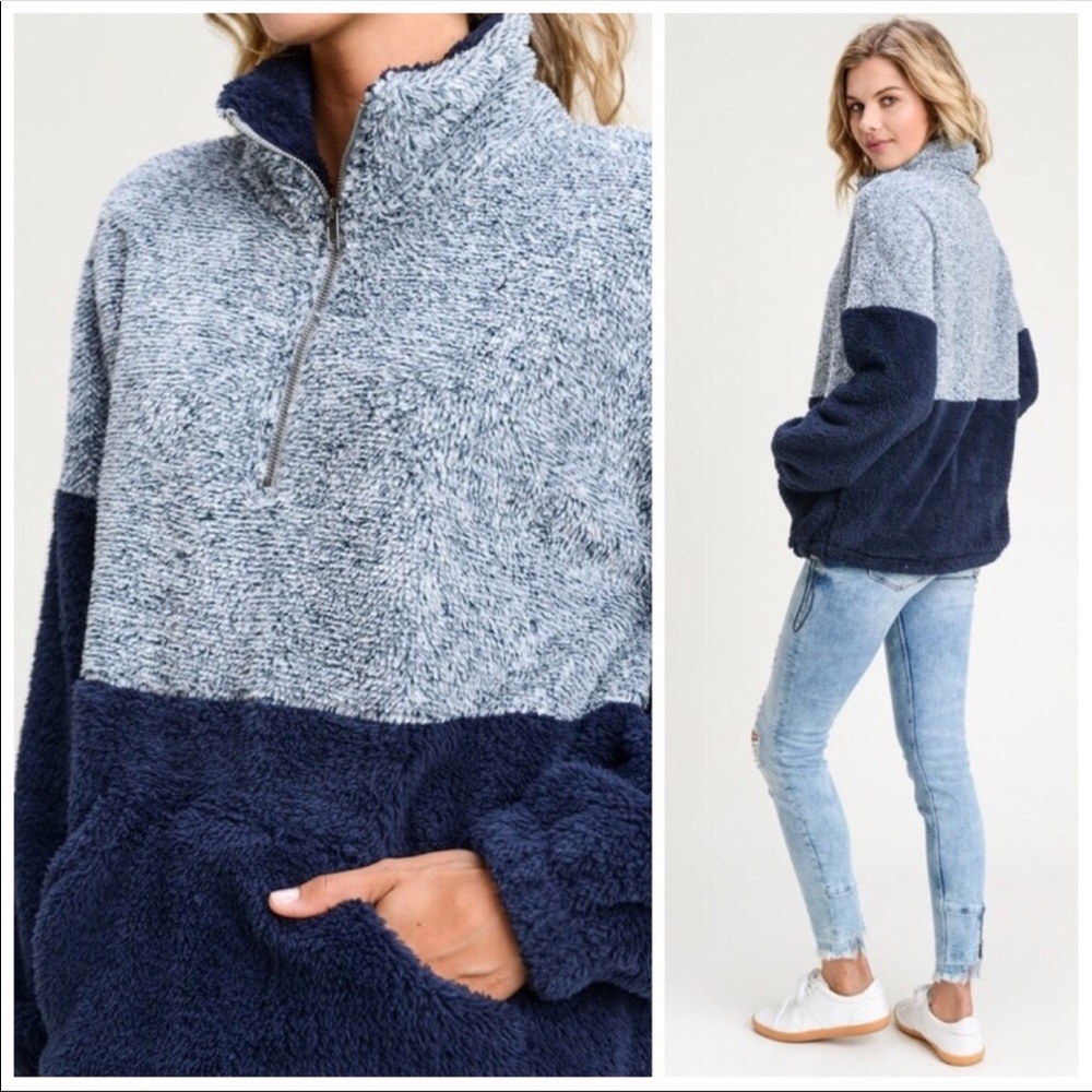 Doe & Rae Navy Blue Faux Fur Pullover. Half Zip! - Picture 3 of 4